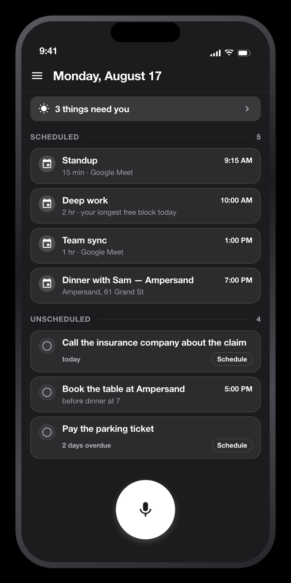 Saydo feed showing a day split into scheduled events and unscheduled tasks